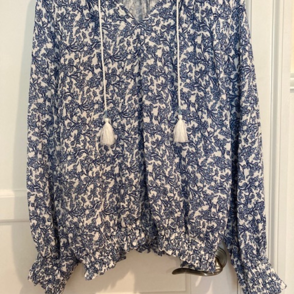 Porridge Blue and White BOHO Peasant Style Top Size XL